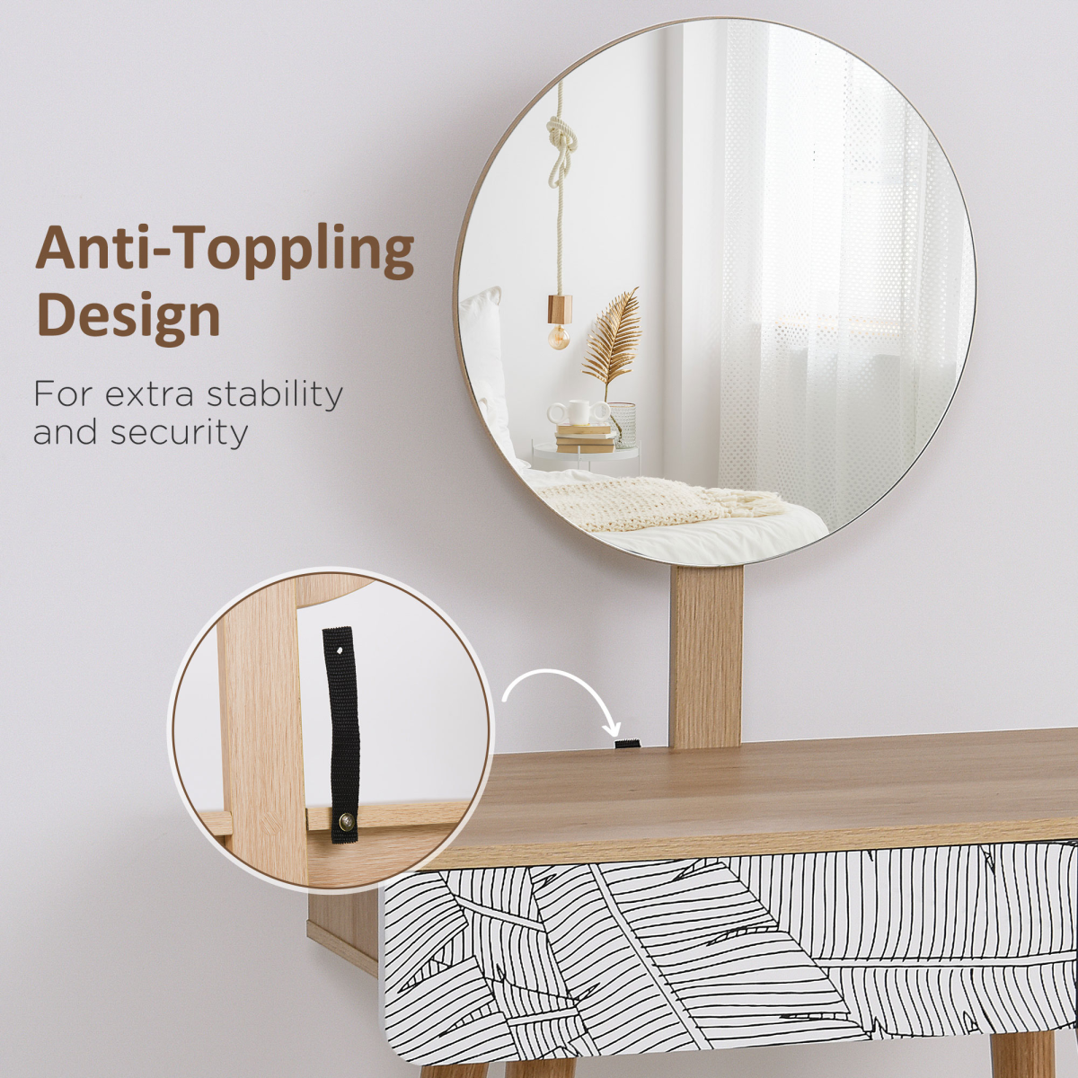 HOMCOM Solid Wood Nordic Dressing Table with Adjustable Round Mirror and Pull-Out Drawer