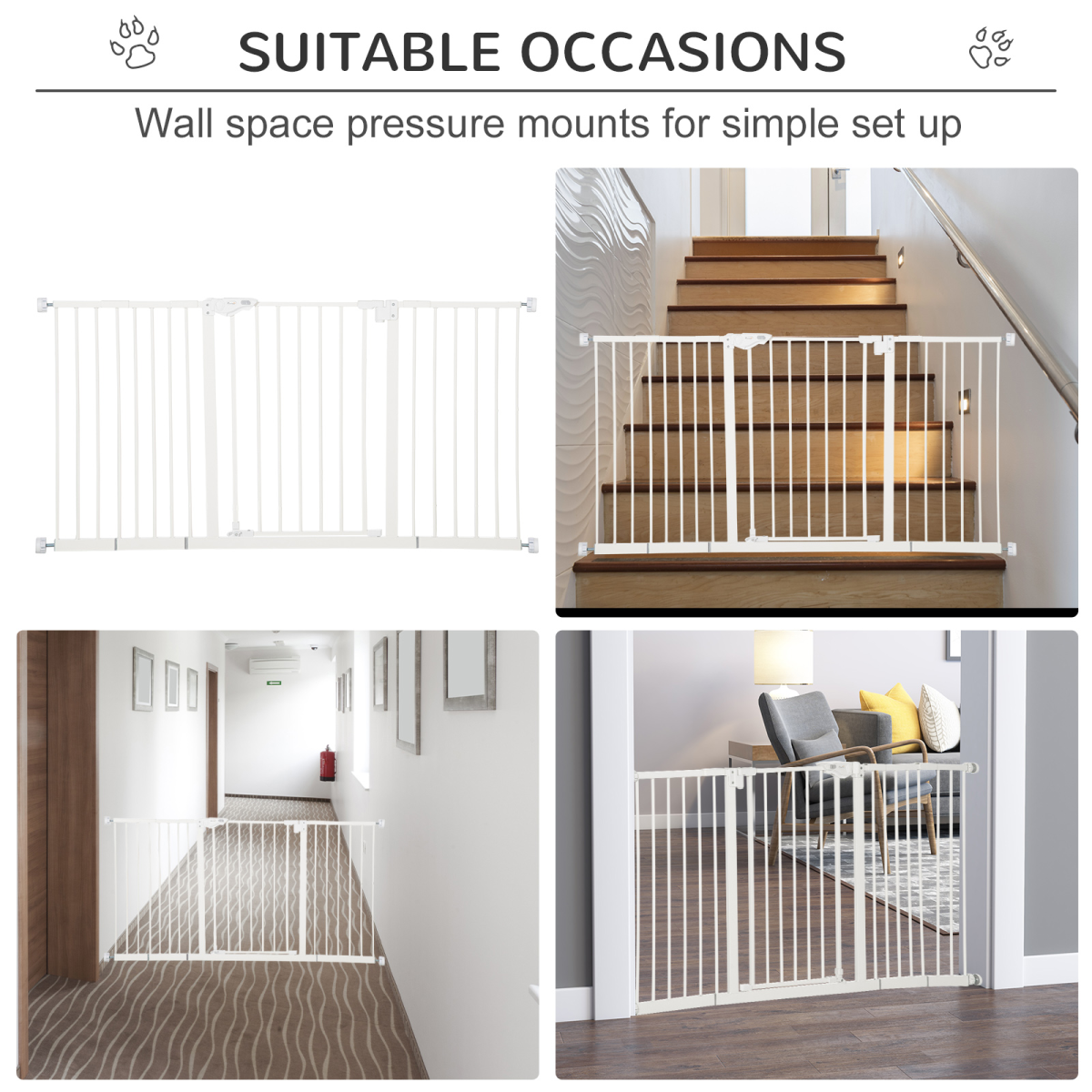 Adjustable White Safety Gate with 3 Extensions and 4 Screws