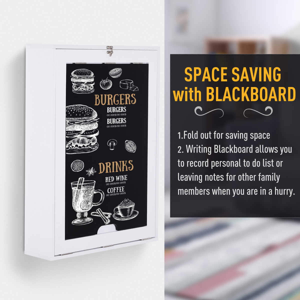 HOMCOM White MDF Wall-Mounted Folding Drop-Leaf Table with Chalkboard Shelf