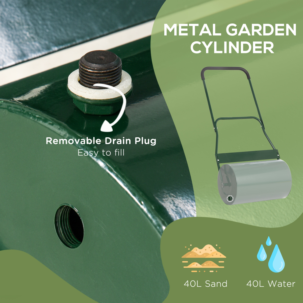 Outsunny Metal Lawn Grass Roller with Black Rubber Handle, 40L Water or Sand Capacity