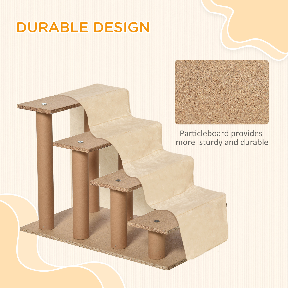 PawHut Beige Portable Dog Stairs with Washable Plush Cover for Beds & Sofas