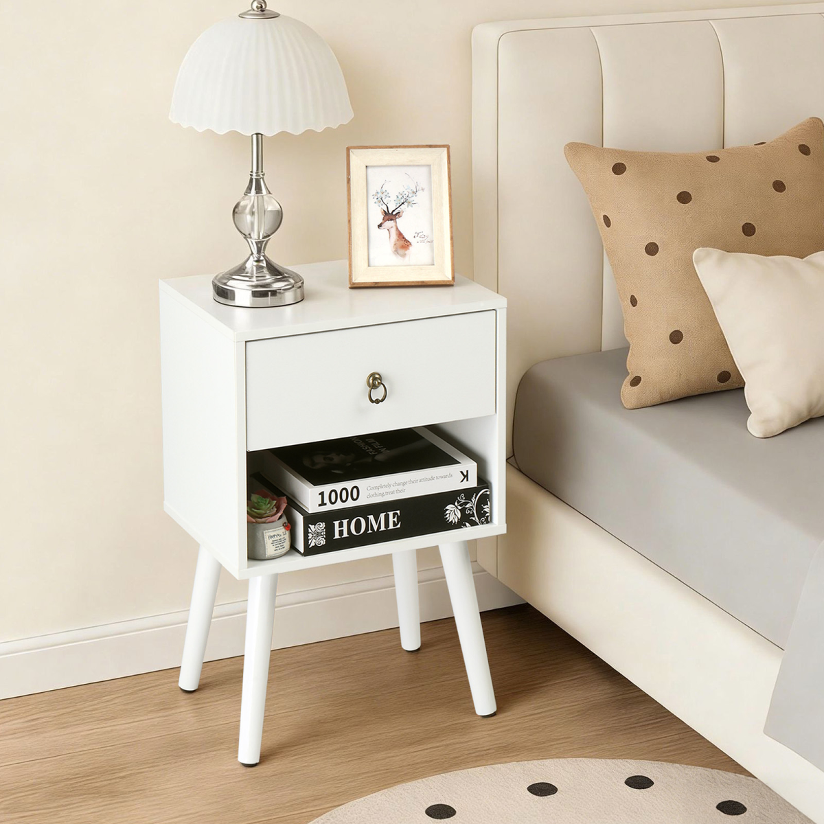 White P2 particleboard with solid wood legs, linen-textured melamine finish, and ring pull handle. 38*30*55cm. One drawer with a lower compartment. Bedside table. 1PC