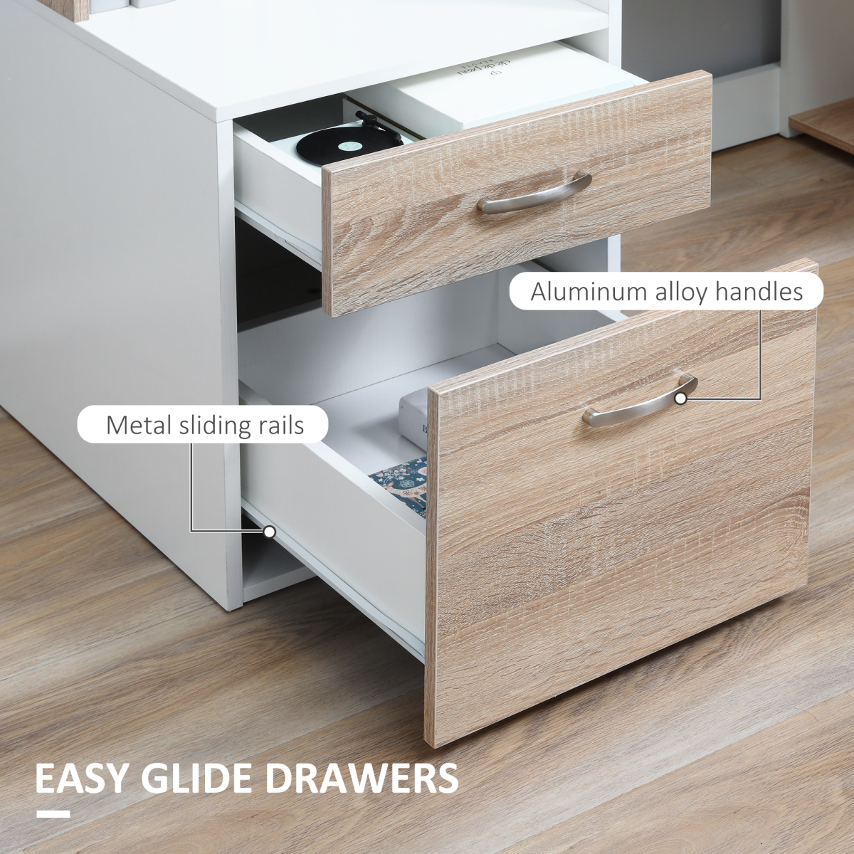 Multi-Storage Workstation Desk with Side Shelves, 2-Drawer Cabinet and Printer Space, Home Office Desk, Oak
