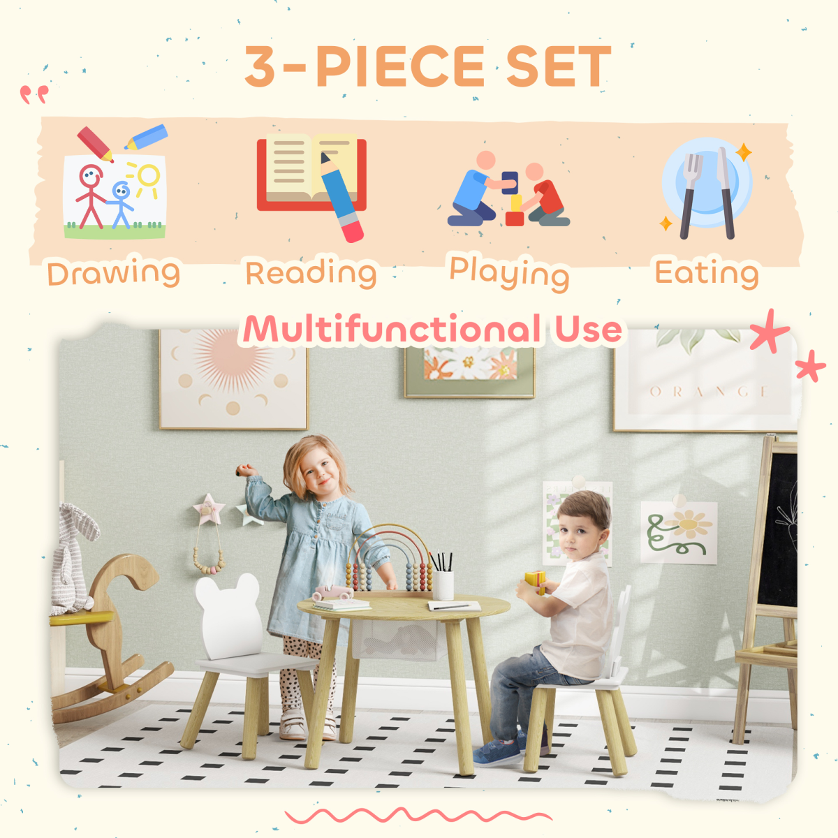 AIYAPLAY 3-Piece Toddler Table and 2 Chair Set with Mesh Bag