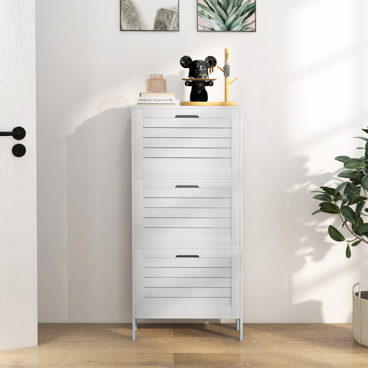 HOMCOM Narrow Shoe Storage Cabinet, 3 Flip Drawers, White