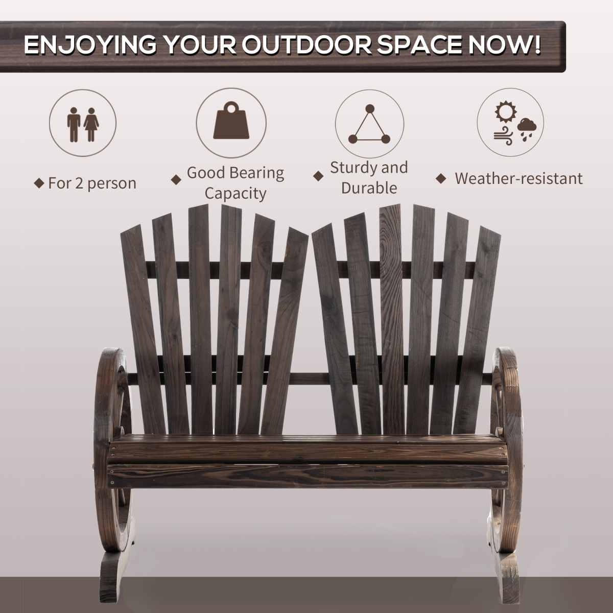 2 Seater Garden Bench with Wheel-Shaped Armrests, Carbonized Colour