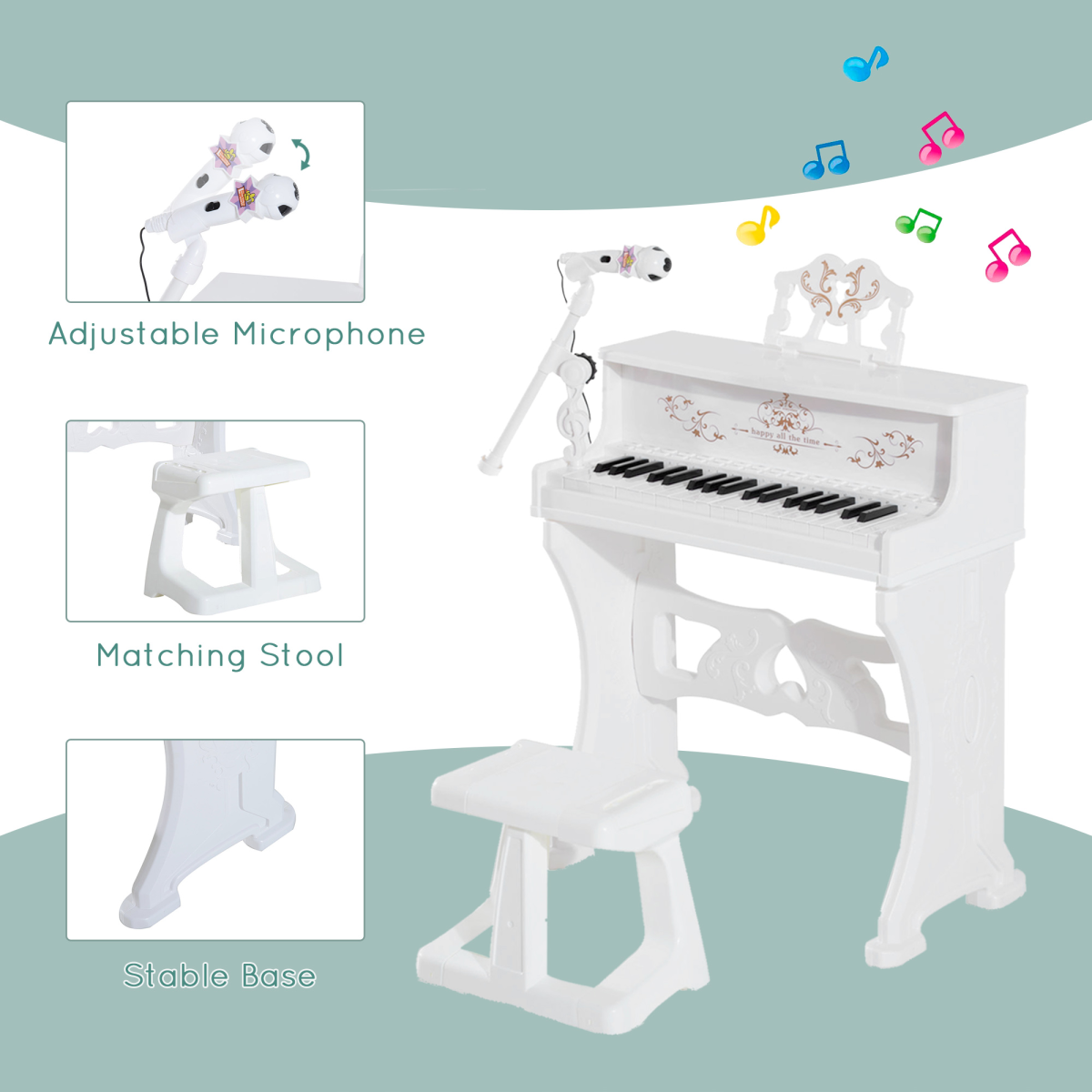 37-Key Kids Battery Piano Keyboard with Microphone & Stool