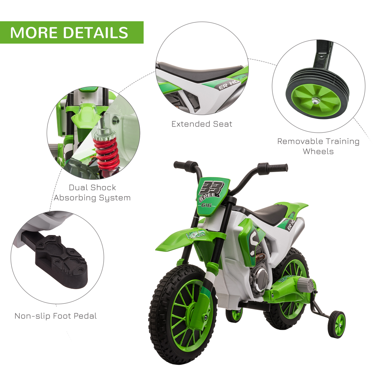 HOMCOM 12V Kids Electric Motorbike Ride-On Motorcycle with Training Wheels, 2 Speeds, Green