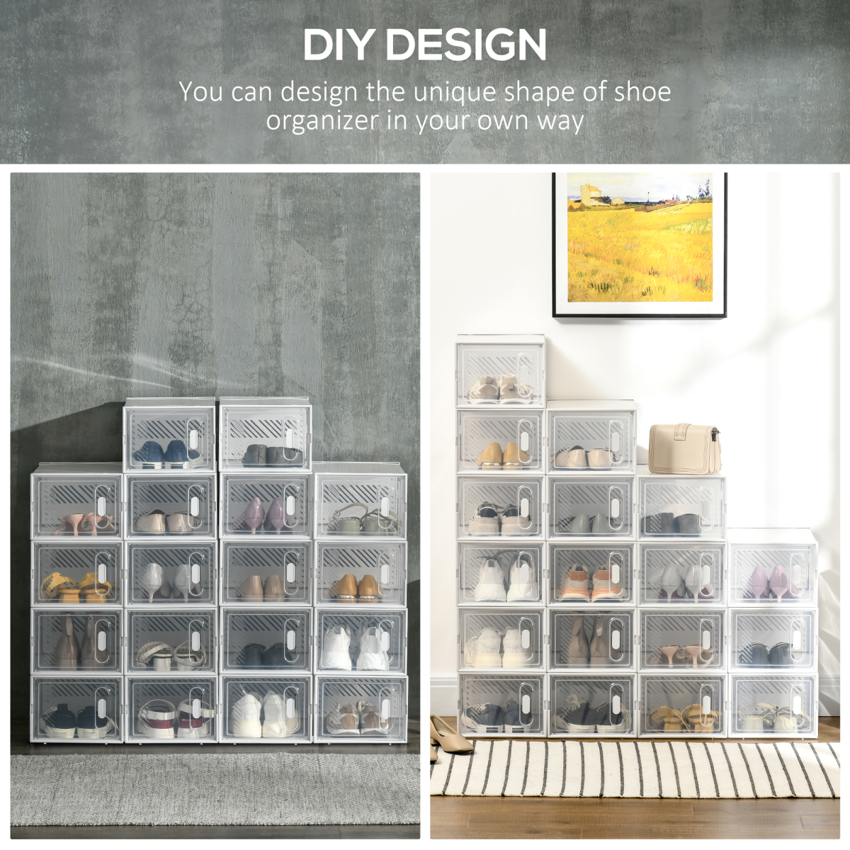 HOMCOM 18-Piece Clear Plastic Shoe Boxes, UK/EU Size up to 8.5/43, 25 x 35 x 19cm