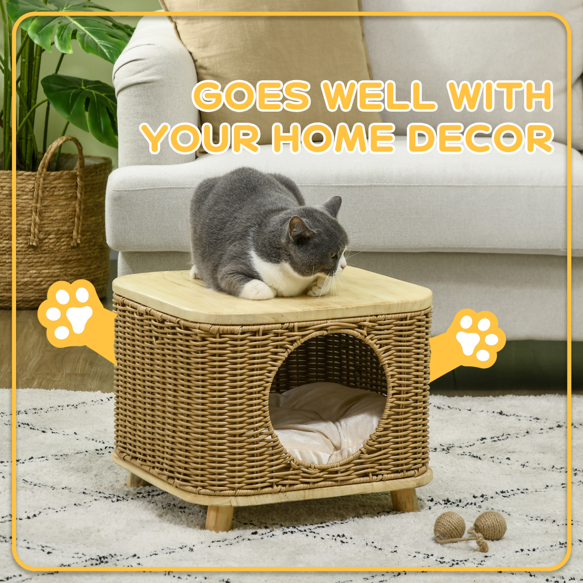 PawHut Elevated Wicker Cat House with Washable Cushion, Light Brown
