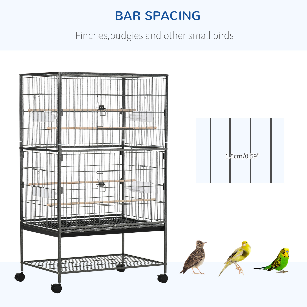 Bird Cage Aviary for Budgies & Canaries, Rolling Stand, Slide-Out Tray, Grey