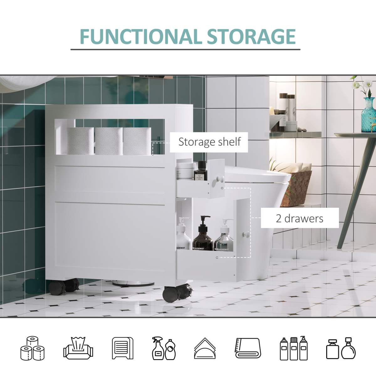 72 x 16cm Narrow Bathroom Storage Unit with 2 Drawers, Open Top and 4 Wheels