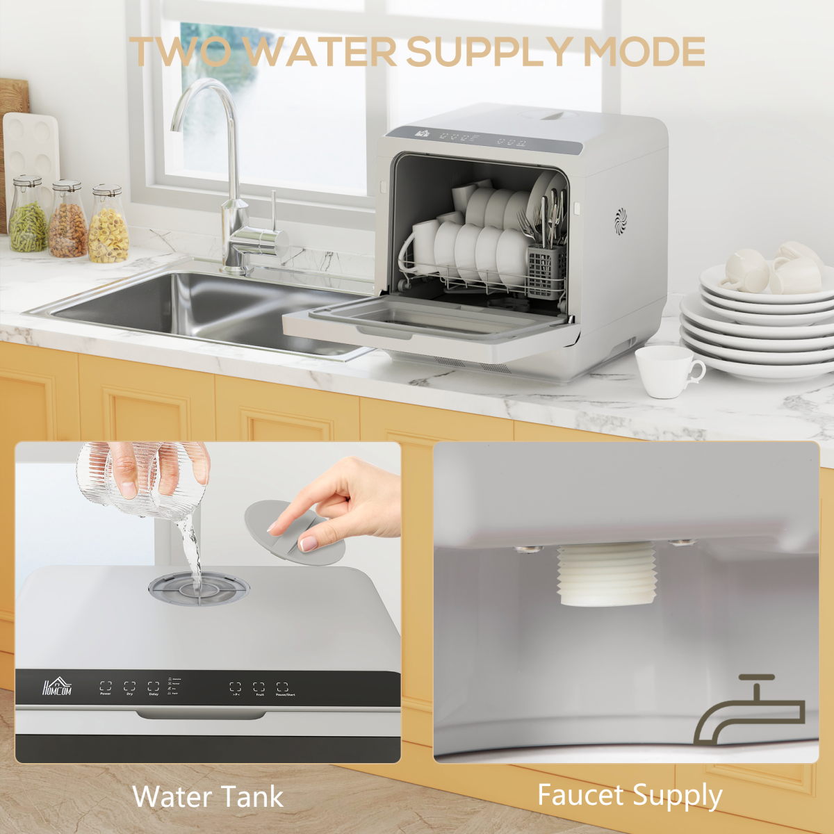HOMCOM Countertop Dishwasher, 4 Place Settings, 6 Programs, Silver Tone