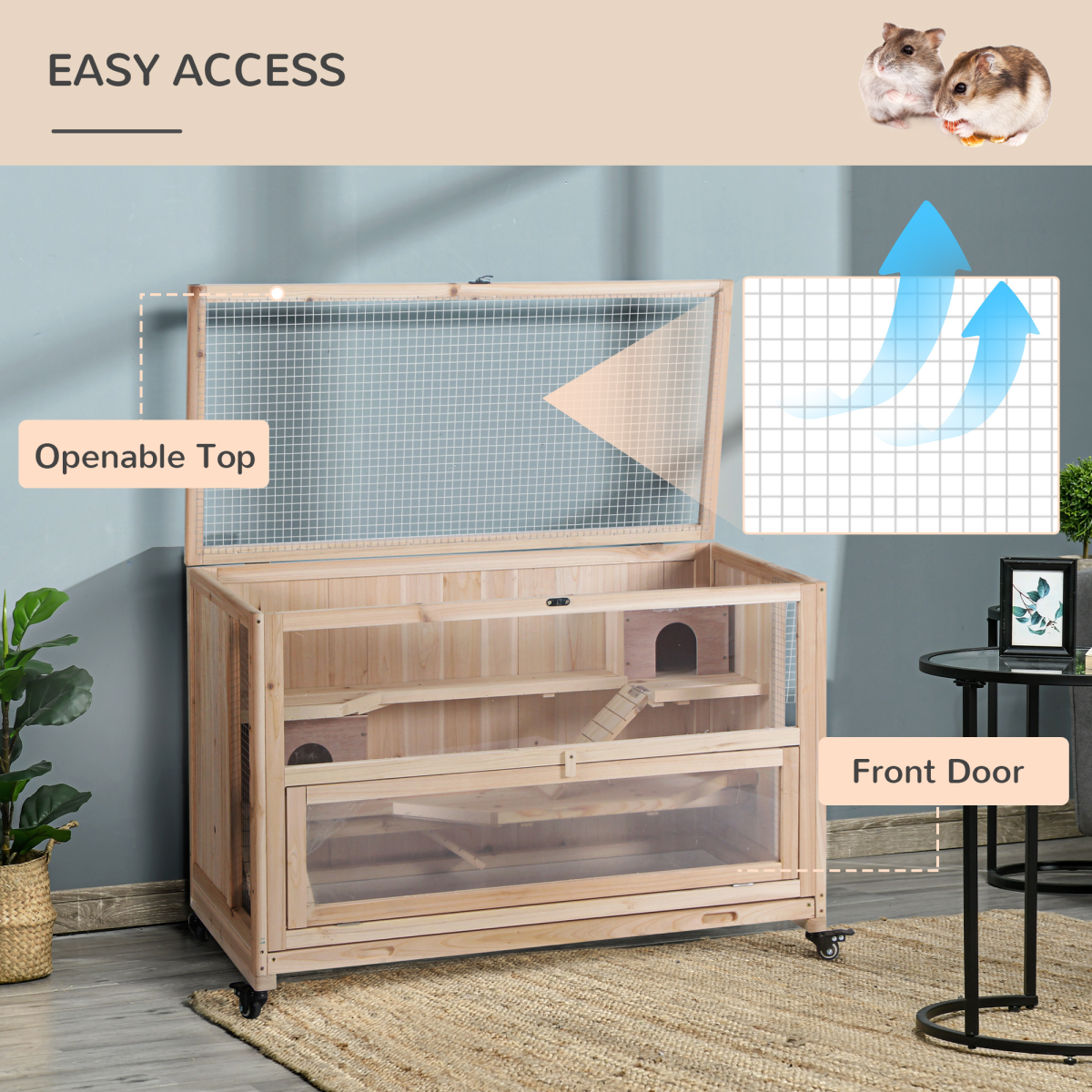 Pawhut 3-Tier Wooden Hamster Cage, Small Animal Hutch with Two Huts, Two Ladders, Mesh Roof, Pull-Out Tray, Wheels, Natural Wood