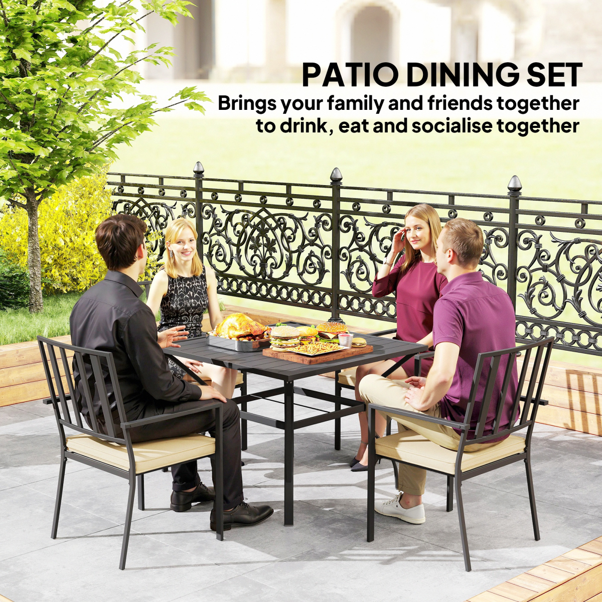 Outsunny 5-Piece Outdoor Garden Dining Set with 4 Stackable Cushioned Armchairs and Metal Table