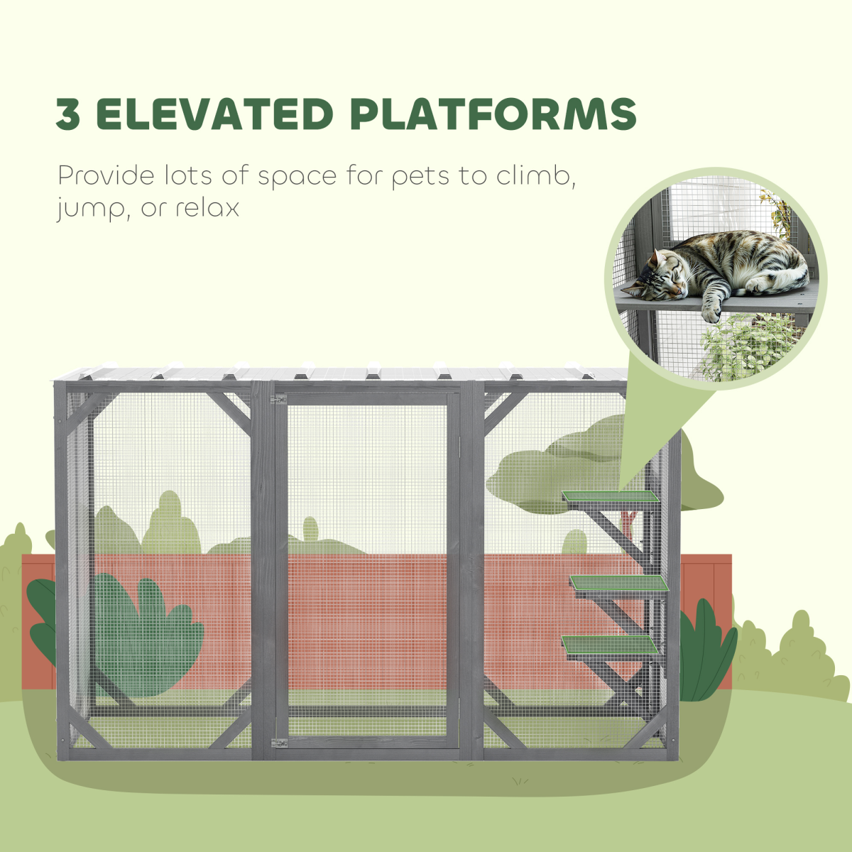 PawHut Wooden Cat House with 3 Platforms, Large Front Door, Indoor/Outdoor Shelter for Multiple Cats