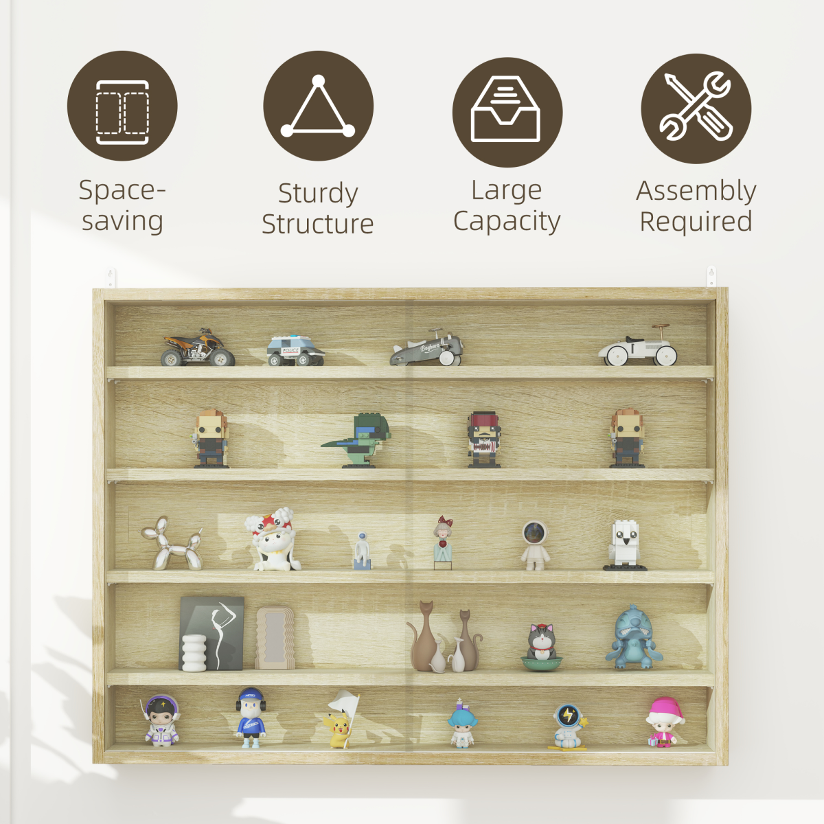 HOMCOM Oak 5-Tier Wall-Mounted Display Cabinet with Glass Doors