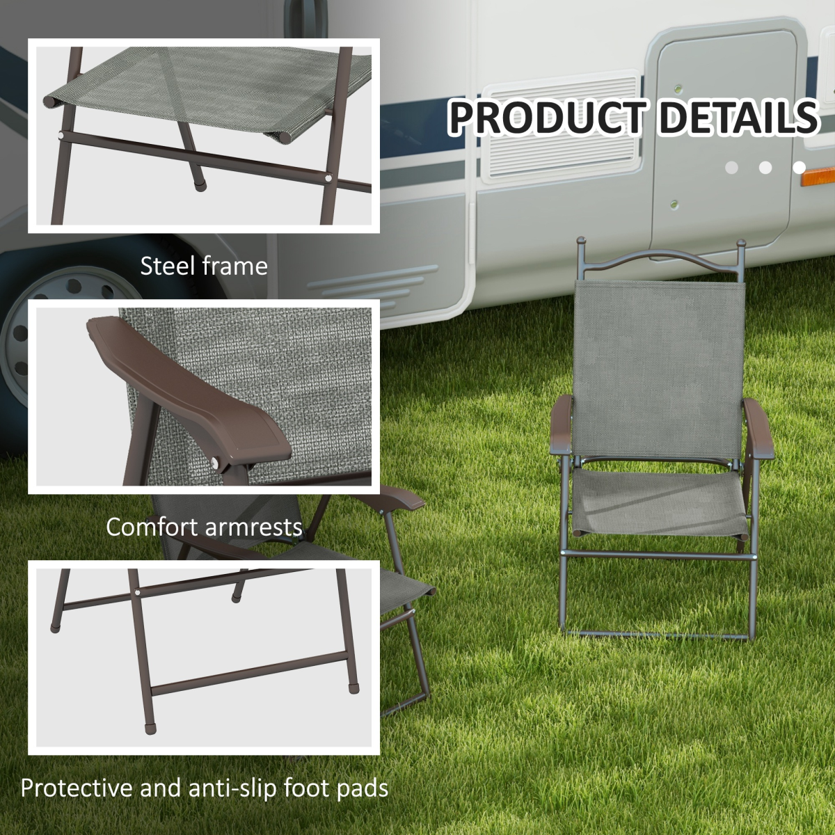 Outsunny Set of 2 Folding Chairs with Armrests, Breathable Mesh Seats, Dark Grey