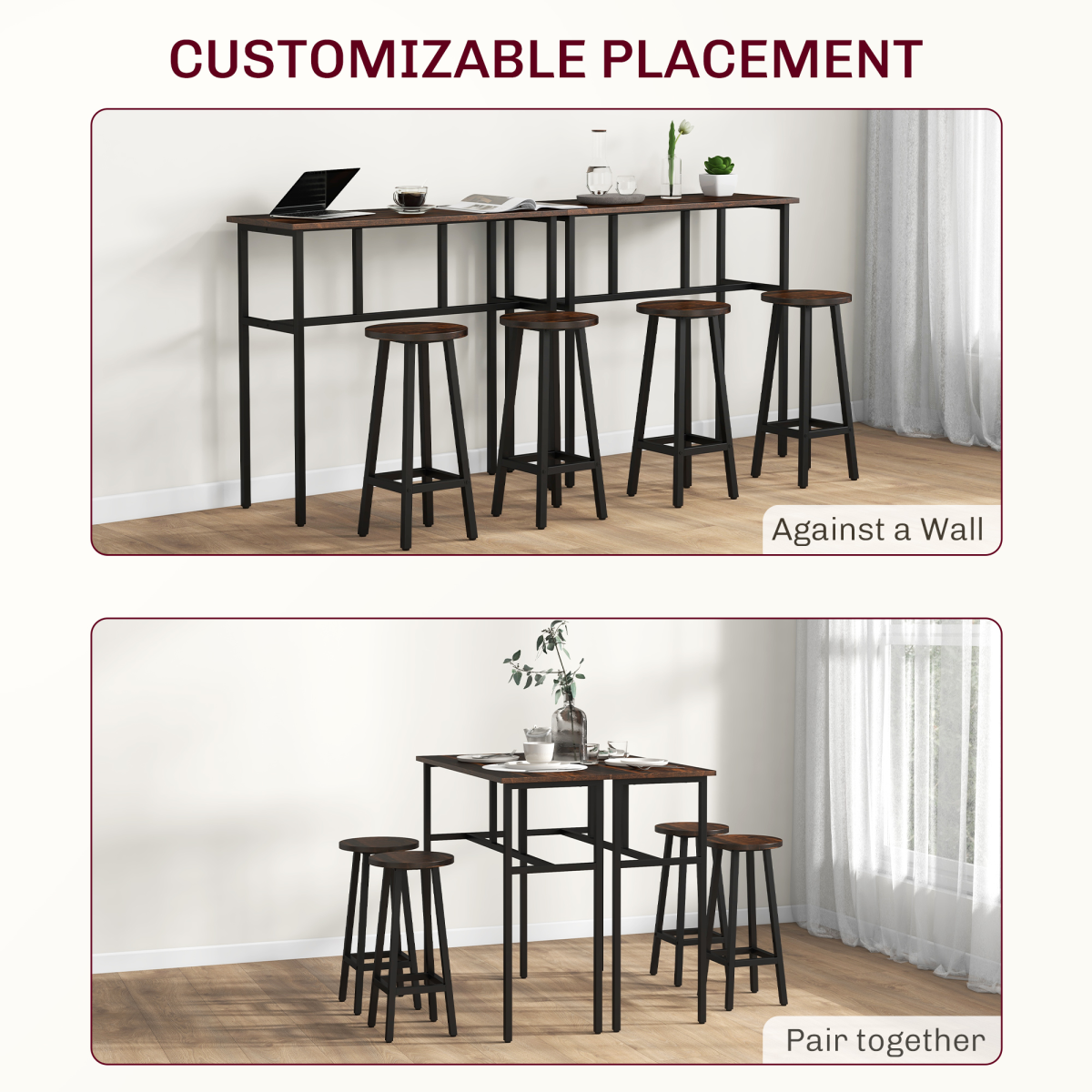 HOMCOM 6-Piece Industrial Bar Table Set, 2 Tables 4 Stools, Brown