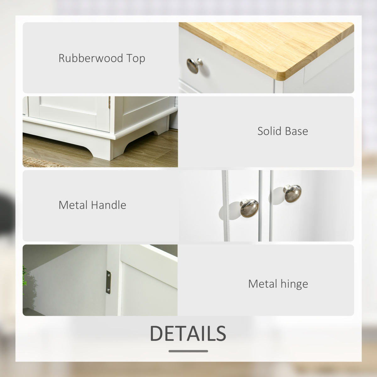 HOMCOM White Sideboard with Rubberwood Top, 3 Storage Cabinets, 3 Drawers, Adjustable Shelves