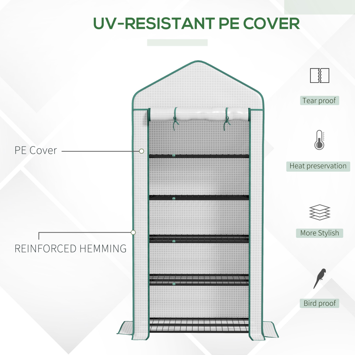 Outsunny 5-Tier Mini Greenhouse with Wide Roll-Up Door, White, 90 x 49 x 193 cm