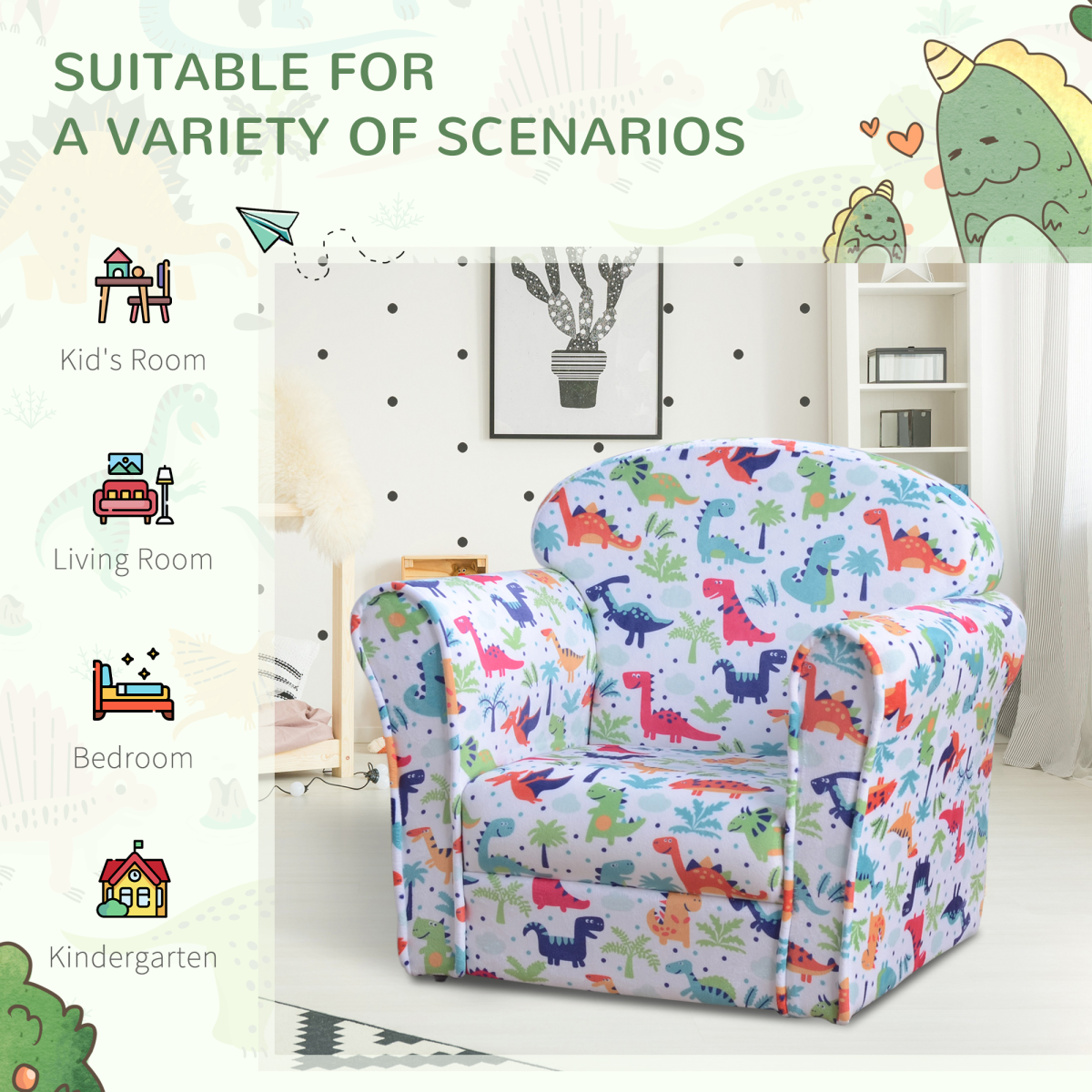 HOMCOM Kids Cartoon Dinosaur Mini Sofa Armchair, Flannel Wood