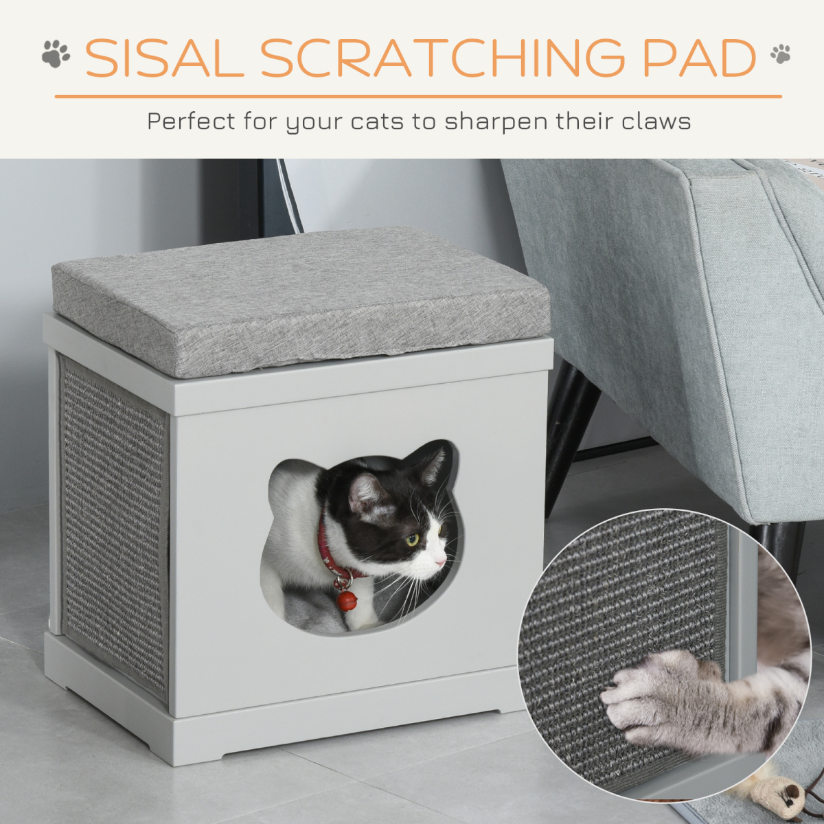 PawHut Cat House Bed Kitten Cave Cube Indoor with Soft Cushion and Two Sisal Scratching Pads, Grey