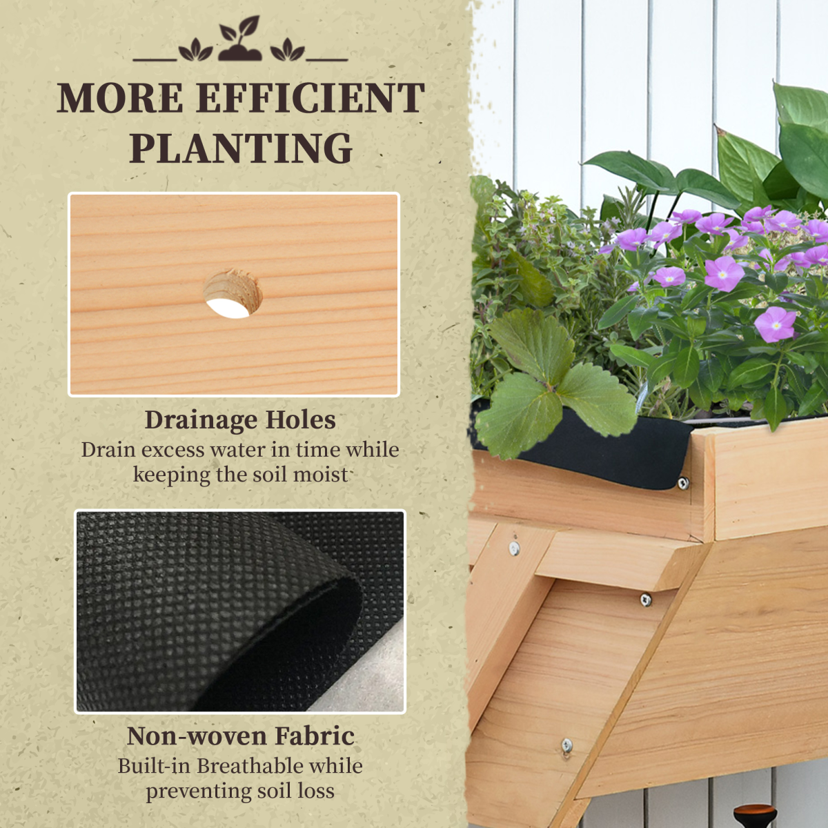 Outsunny Large Fir Wood Raised Planter Trough with Liner Bag, Drainage Hole, Natural Finish
