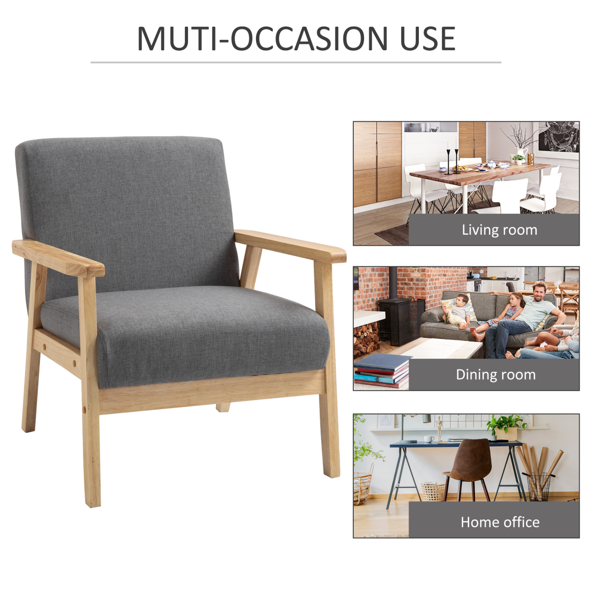 HOMCOM Linen Upholstered Pine Wood Accent Armchair, Grey/Oak