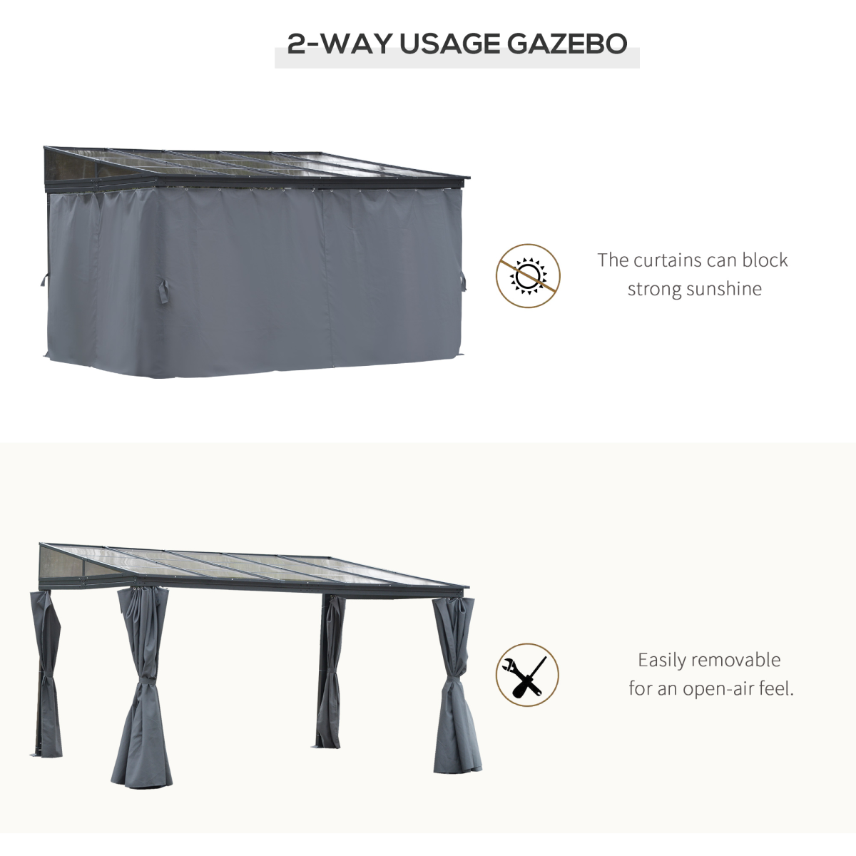 Outsunny Outdoor Hardtop Pergola, 4 x 3m, Grey, Polycarbonate Roof, Powder-Coated Aluminium Frame