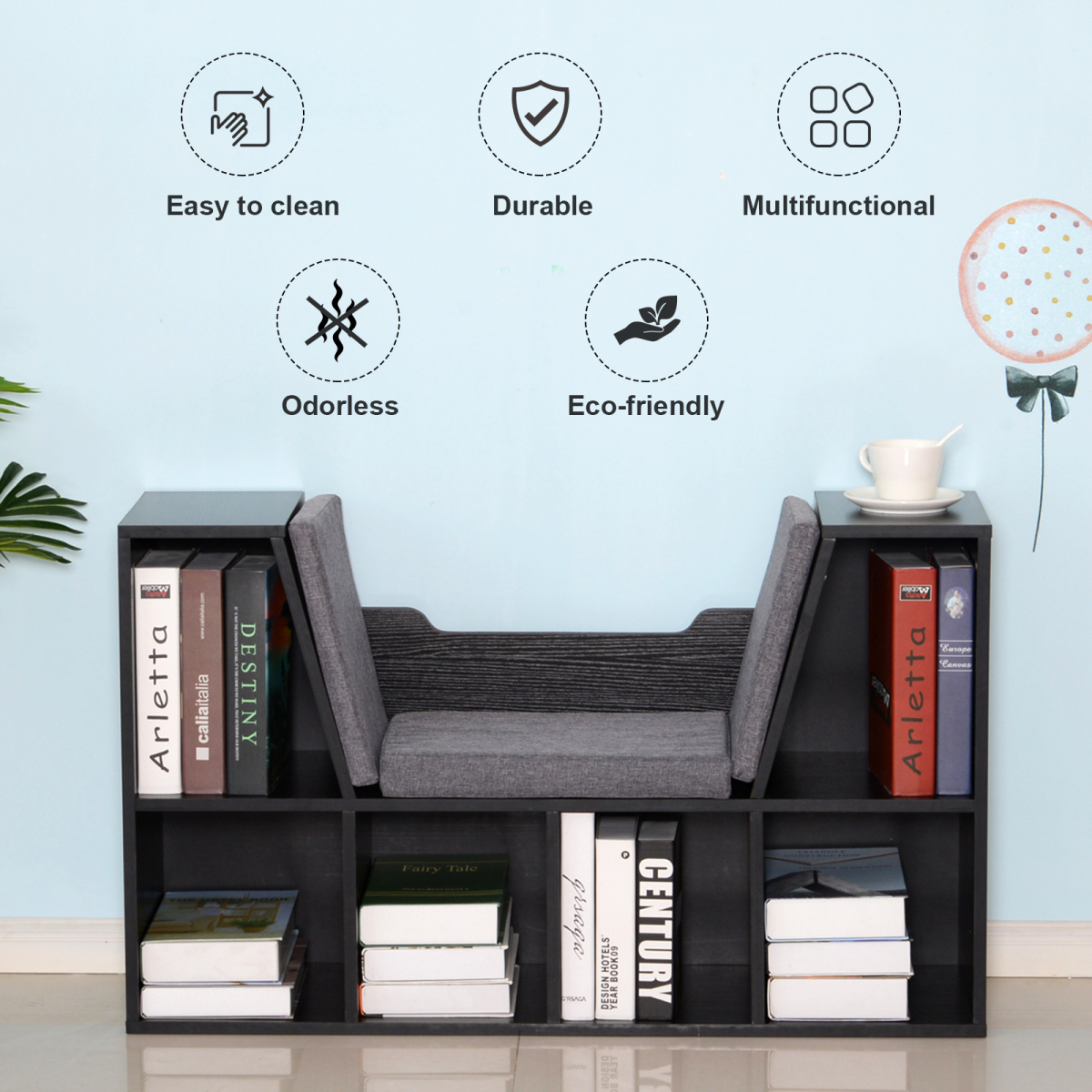 HOMCOM Kids Reading Seat Bookcase Storage Unit with Cushion Black