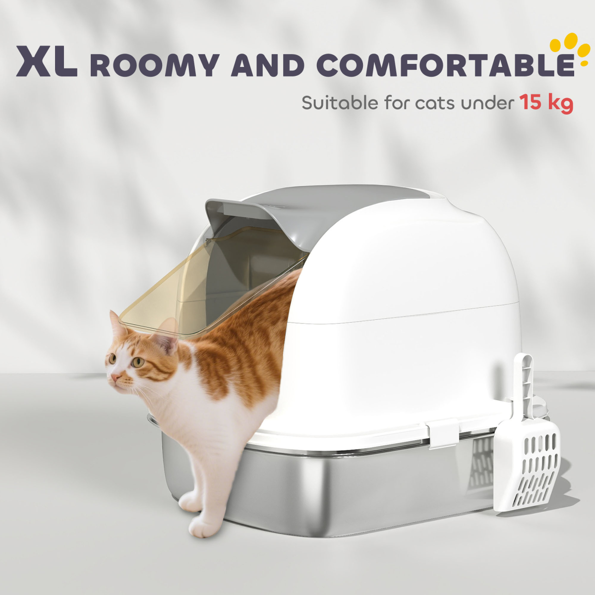 PawHut Enclosed Stainless Steel Cat Litter Tray with Lid and Deodoriser Compartment