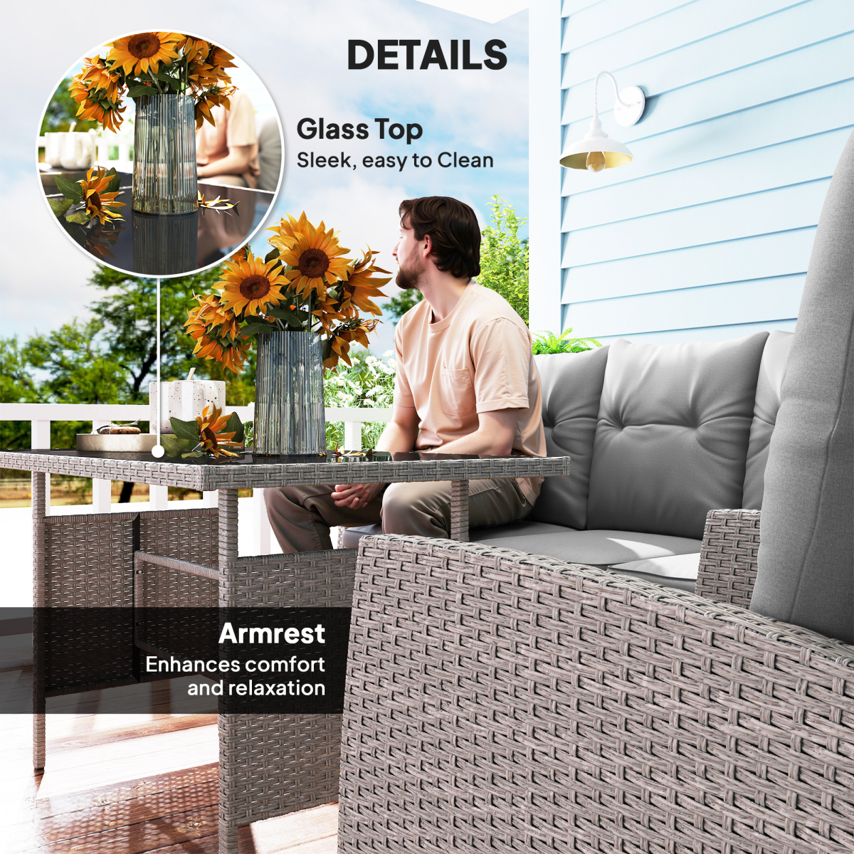 Outsunny 6-Piece Grey Rattan Garden Furniture Sofa Set with 2 Armchairs, 3-Seater Sofa, 2 Footstools and Glass-Top Coffee Table