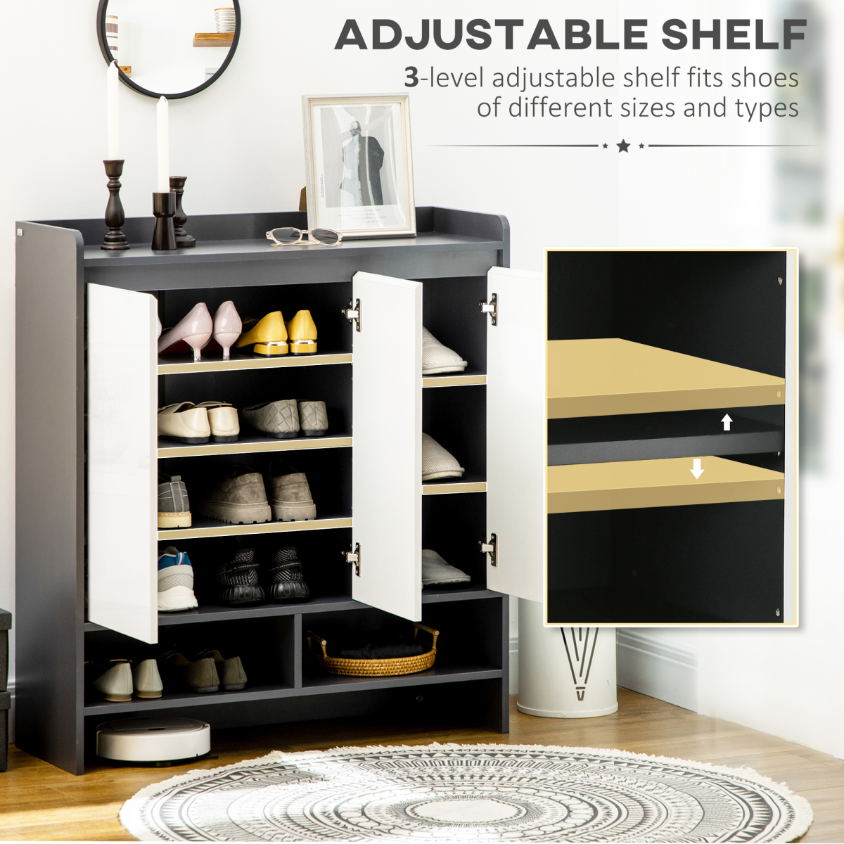 Modern White Shoe Cupboard for Hallway with Open Shelves and Adjustable Shelving