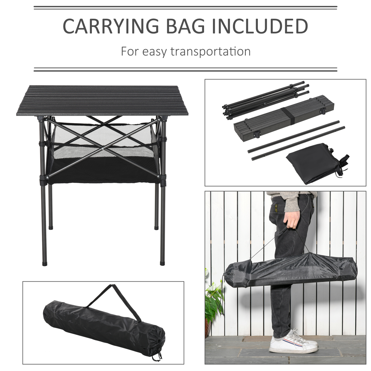 Aluminum Roll-Top Folding Camping Table with Mesh Bag, Black