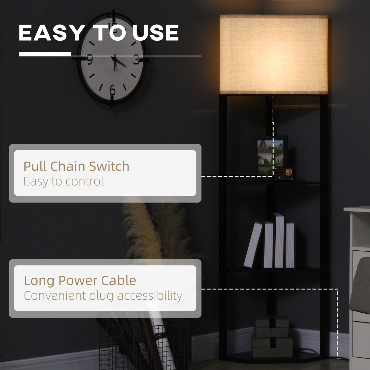 Corner Floor Lamp with 3 Shelves, Standing Lamp for Living Room