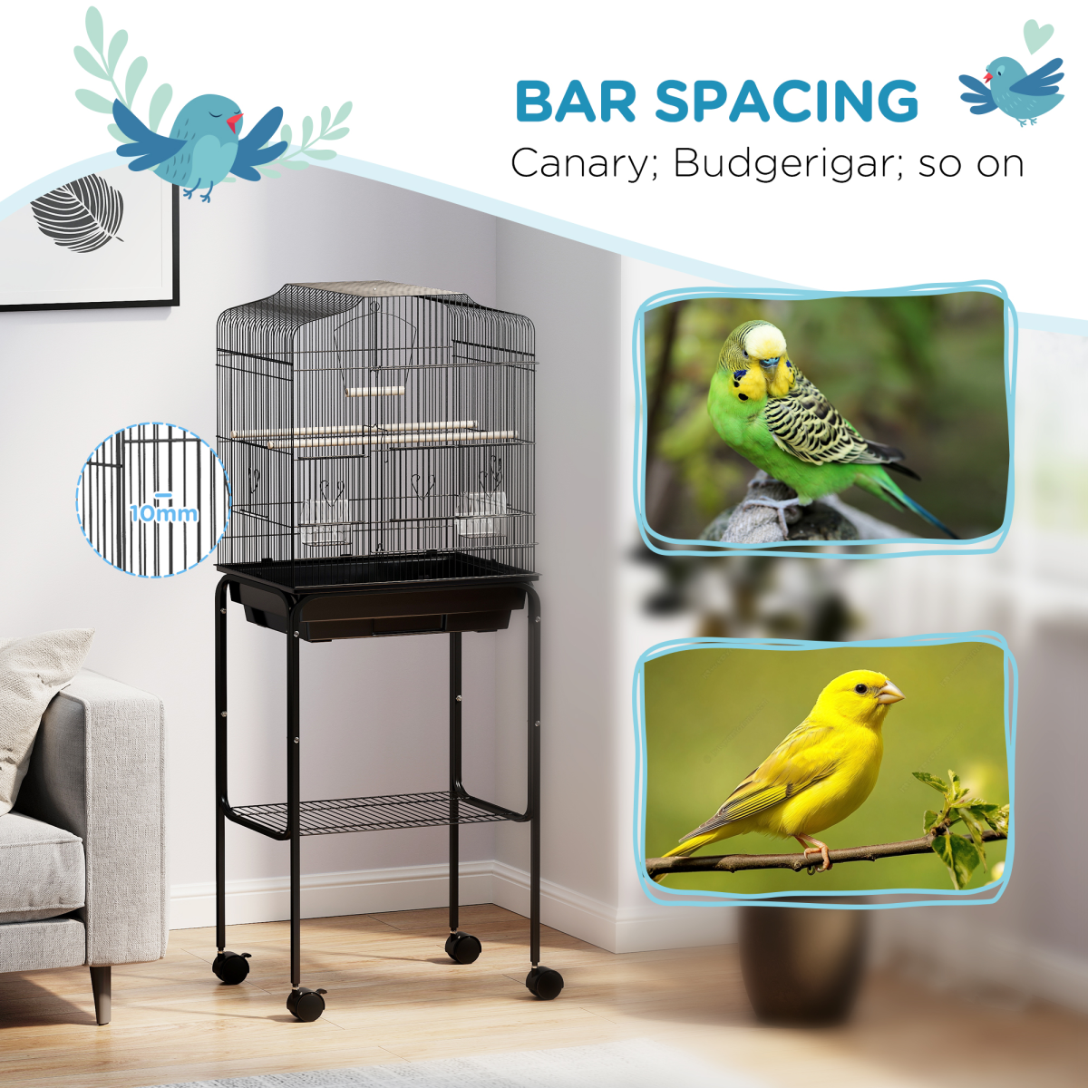 PawHut Bird Cage with Stand, Tray and Wheels for Small Birds, Black