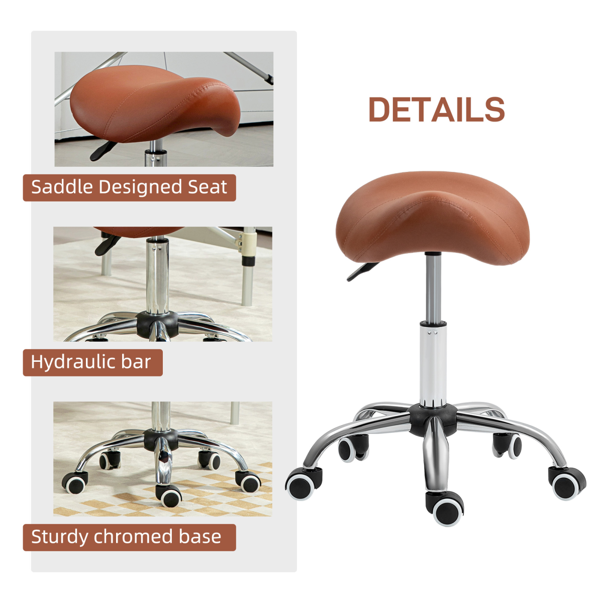 HOMCOM Adjustable Saddle Stool with Padded PU Leather Seat - Brown