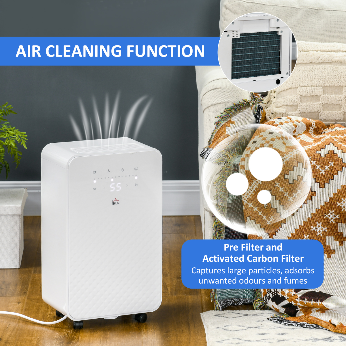 HOMCOM 10L/Day Quiet Dehumidifier with Purifier, 5 Modes, Timer