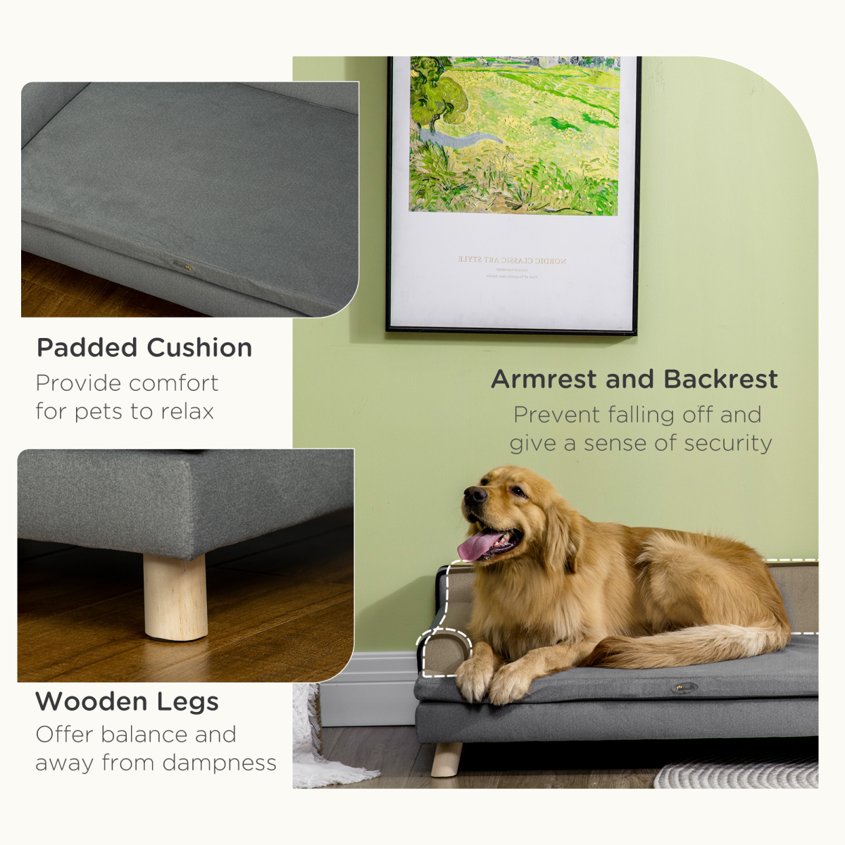 PawHut Pet Sofa for Large and Medium Dogs, Water-Resistant Fabric, Wooden Legs, Grey