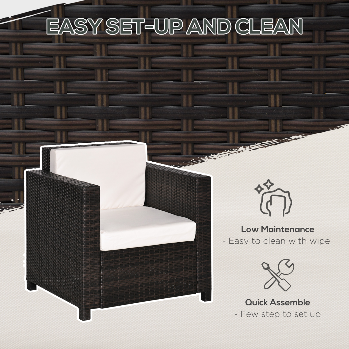 Outsunny Brown PE Rattan Garden Armchair, Fire Resistant, UV Resistant, Powder Coated Metal Frame, Removable Machine Washable Cushions