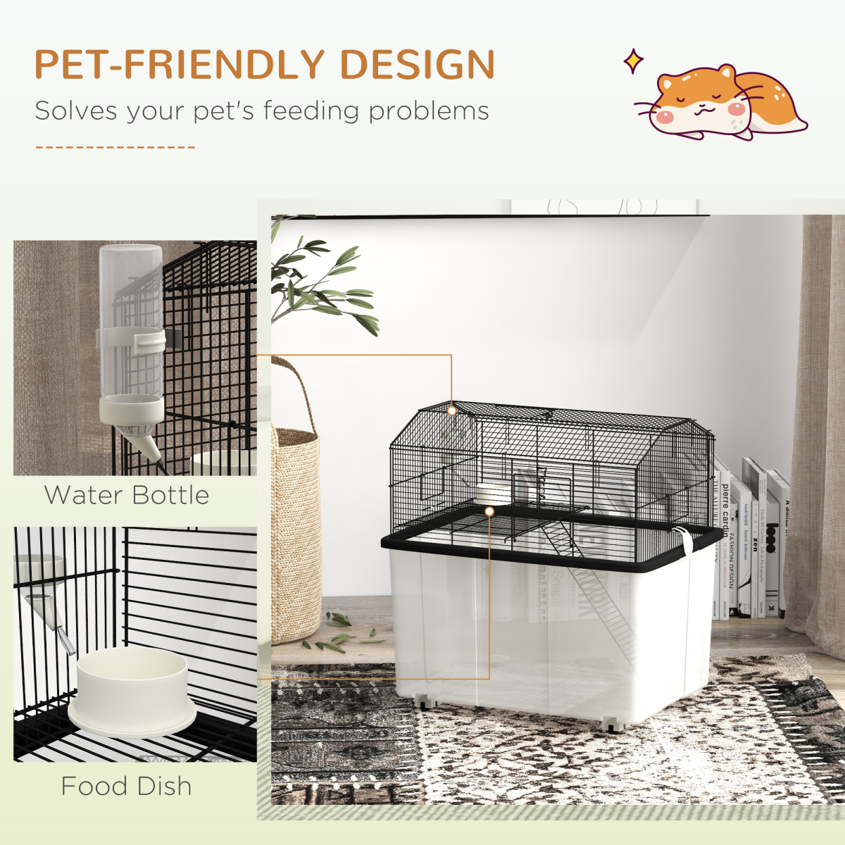PawHut Two-Tier Hamster & Gerbil Cage with Deep Base, Ramp & Dish
