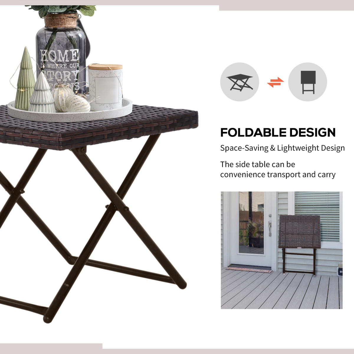 Outsunny Folding Square PE Rattan Coffee Table, Steel Frame, Outdoor Bistro Balcony Garden, Brown