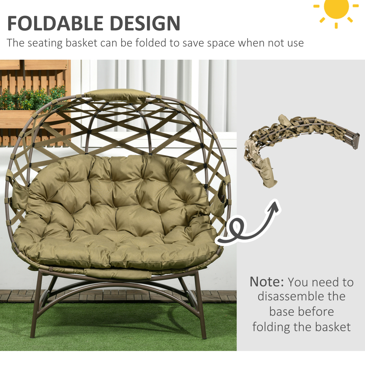 Outsunny 2-Seater Outdoor Egg Chair with Cushion and Cup Pockets, Khaki