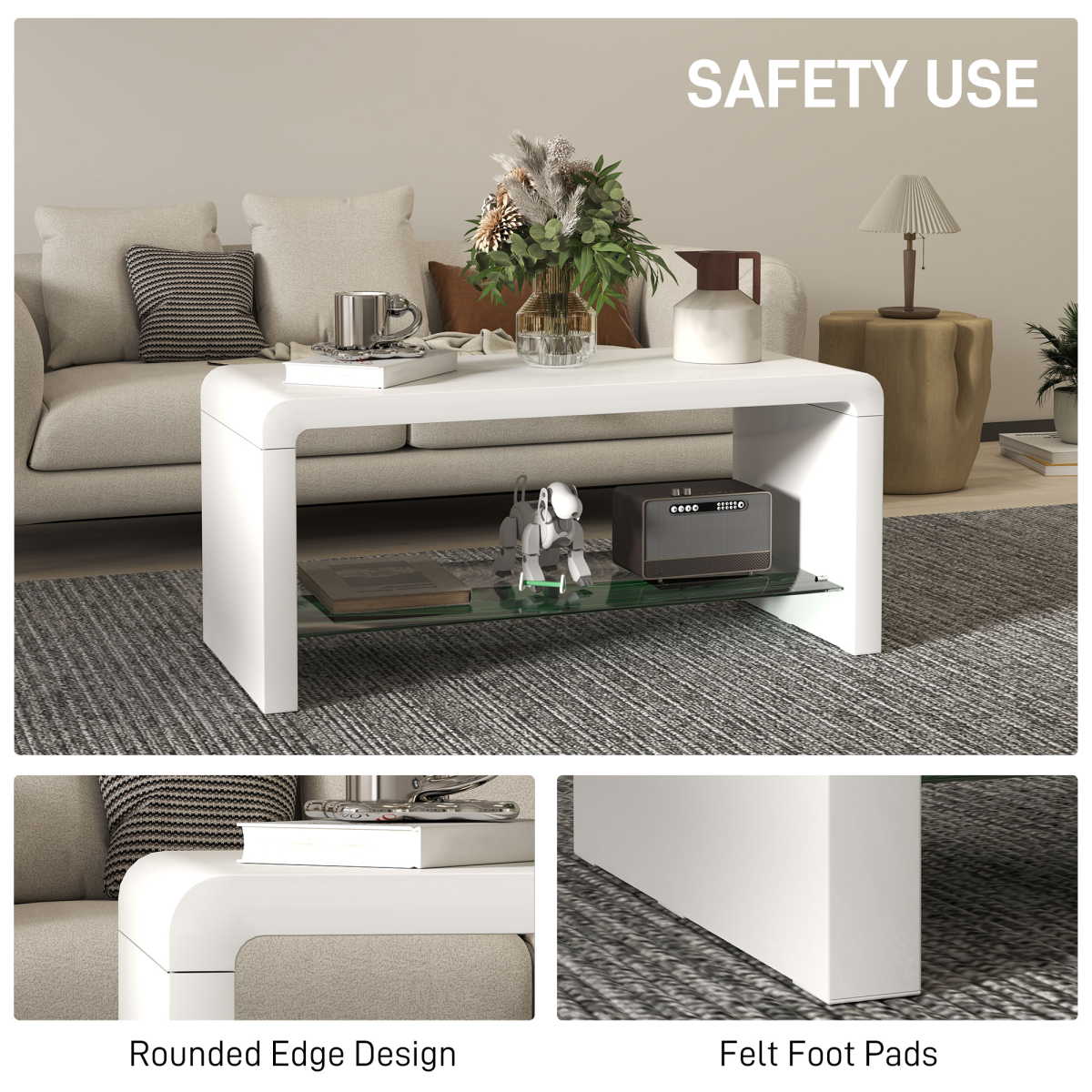 HOMCOM High Gloss White Curved Coffee Table with Glass Shelf