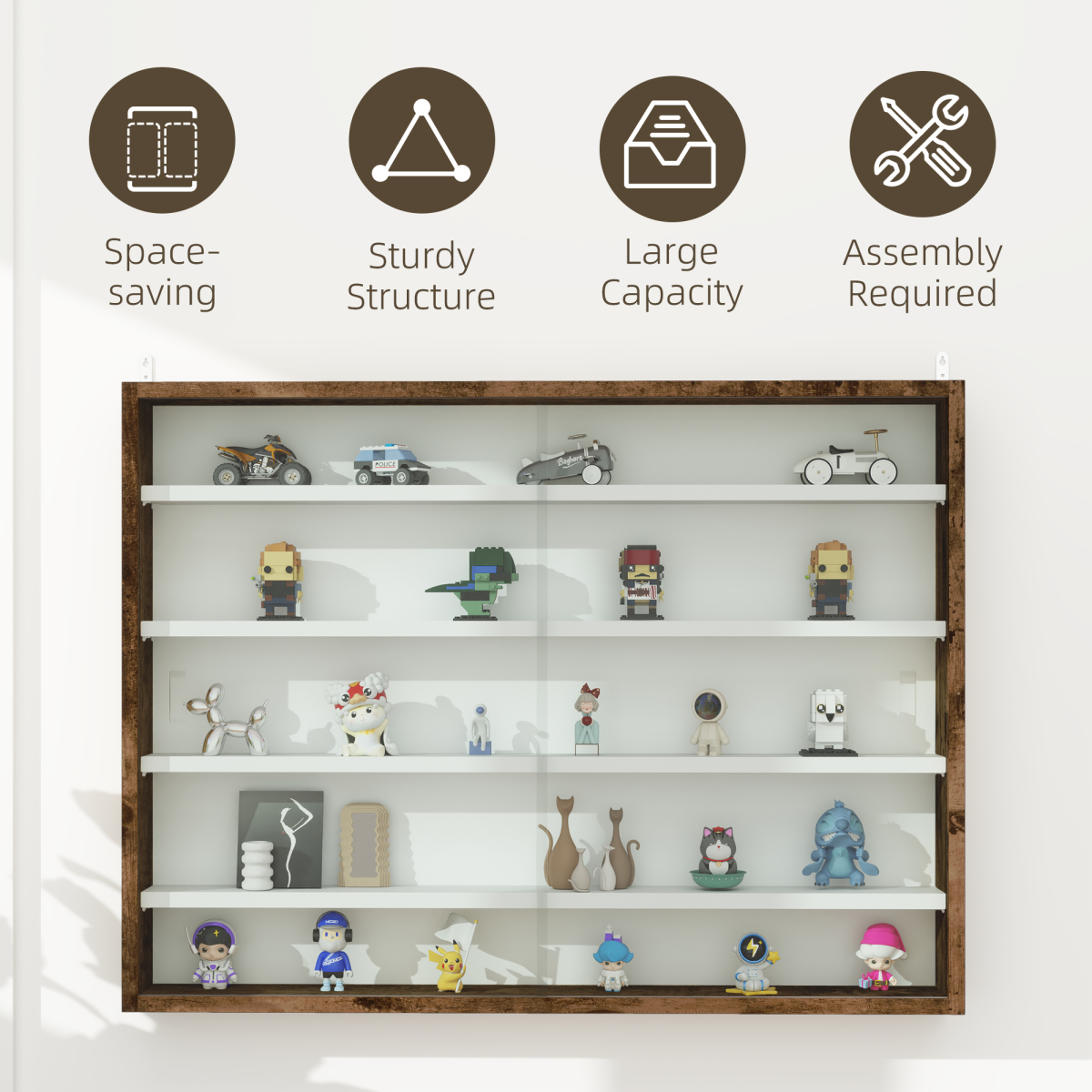 HOMCOM 5-Tier Wall Display Shelf Cabinet with Glass Doors, Rustic Brown