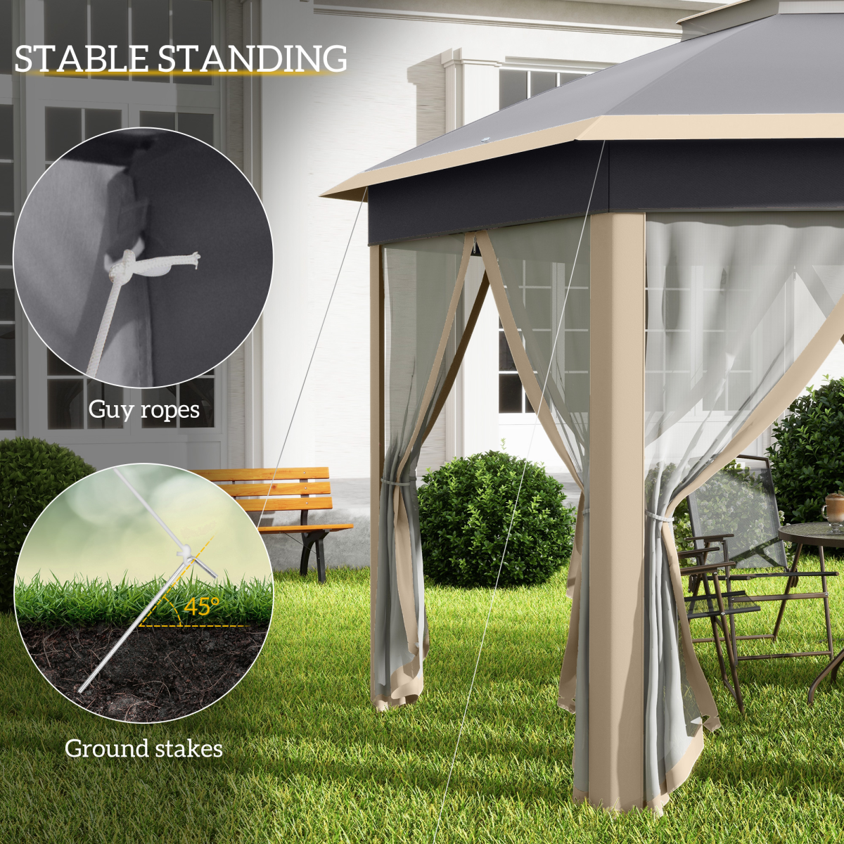 Outsunny 3x4m Hexagon Pop Up Gazebo with Metal Frame and Mesh Curtains, Khaki
