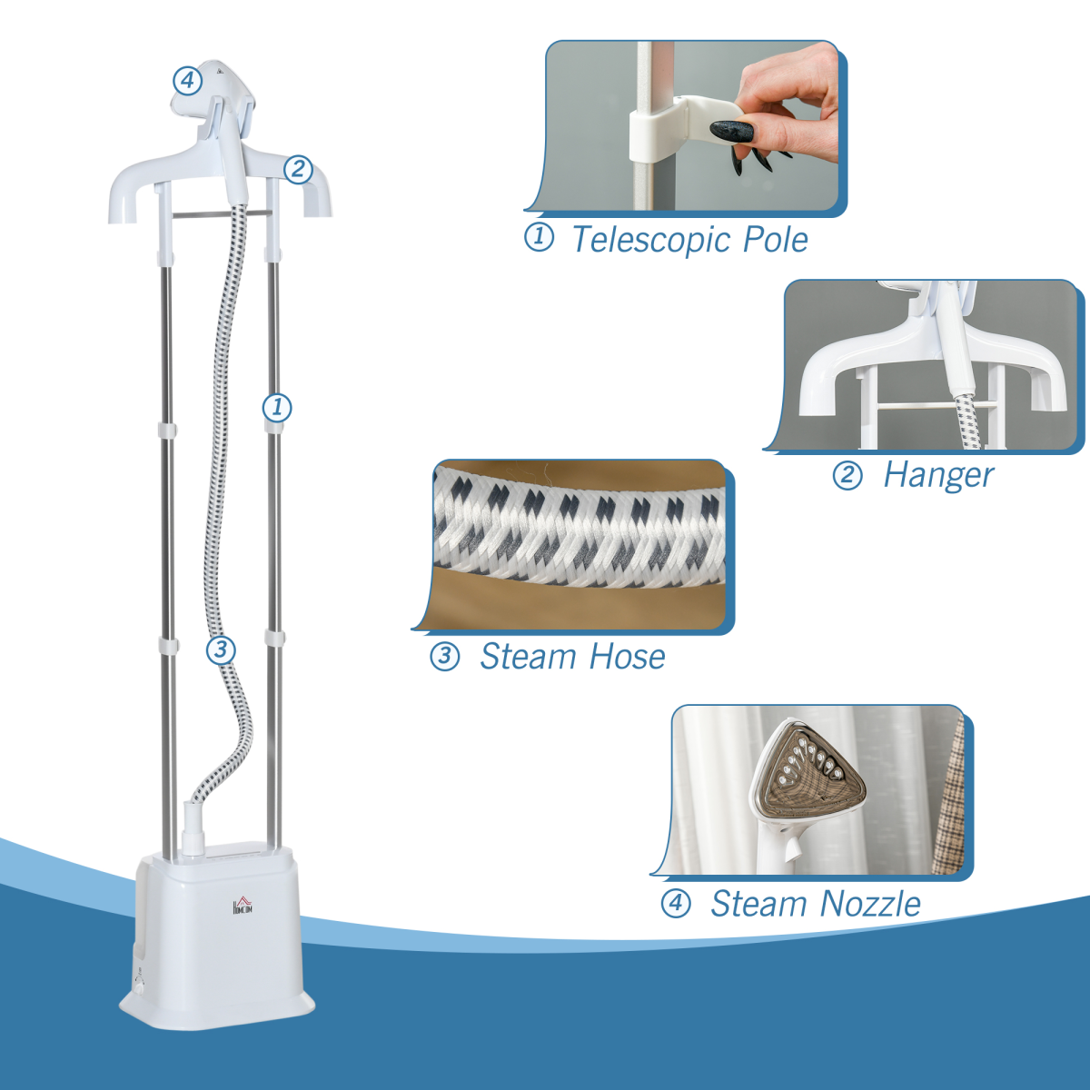HOMCOM Upright Garment Steamer, 45-Second Heat-Up, 1.7L Removable Water Tank, 45-Minute Steam, White