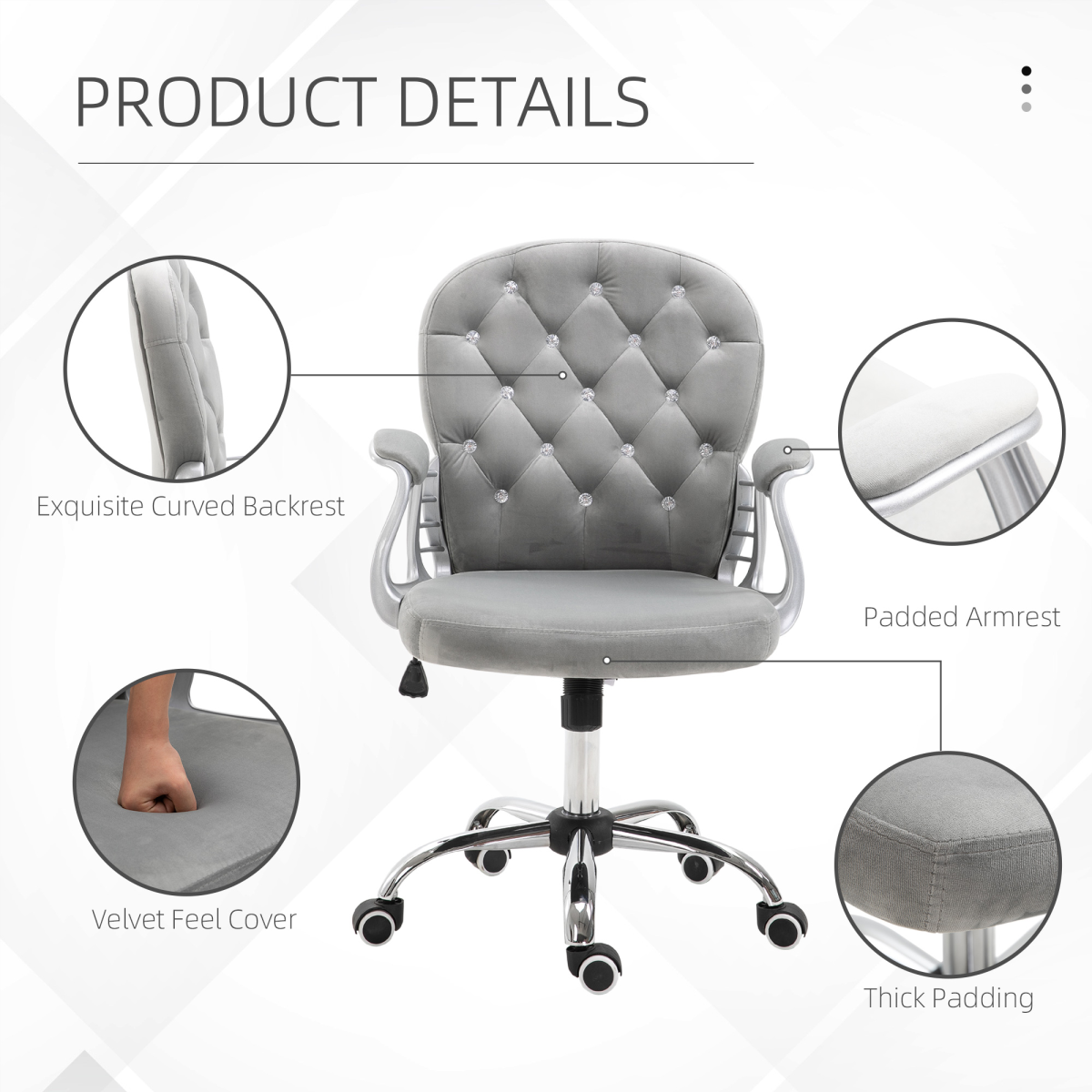 Grey Velour Diamond Tufted Office Chair, Adjustable 360° Swivel