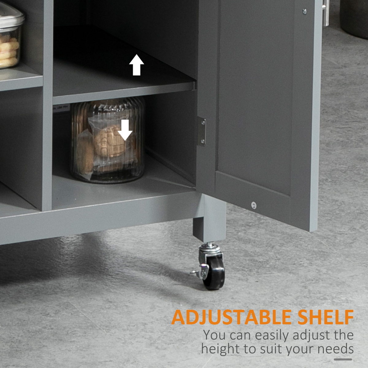 HOMCOM Grey Kitchen Trolley Cart with Wooden Worktop, Drawer, Cupboard, Shelves and Wheels